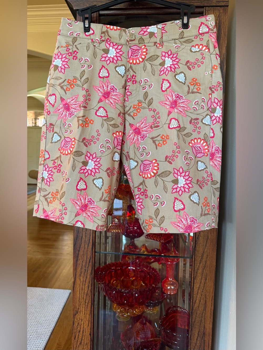 St. John's Bay Beige Bermuda Shorts with Pink Floral Print NWOT 8